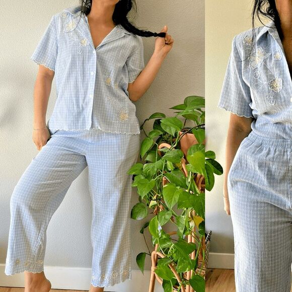 vtg 80s light blue gingham pant suit checked capris‎ button shirt down Medium - Picture 2 of 9
